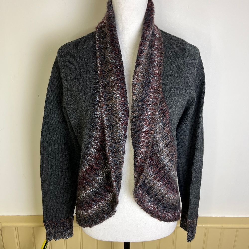 Woolrich Lambswool Open Front Cardigan Sweater M Gray Marled Trim Fall Cozycore
